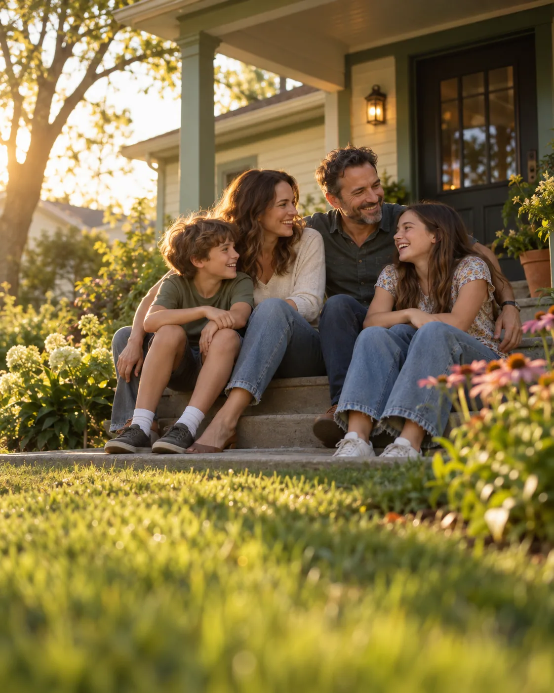 A smiling family of four sitting together on the front steps of their home at golden hour